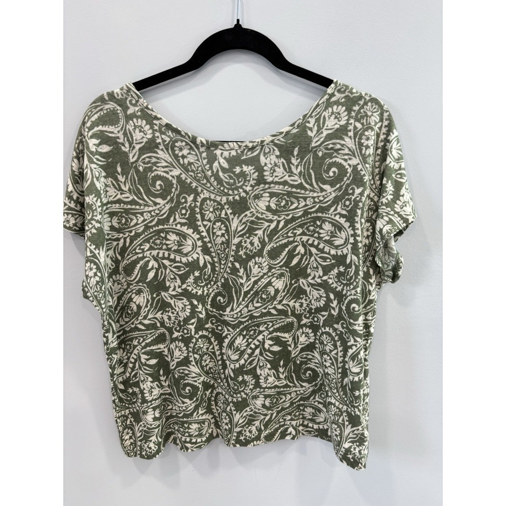 Tahari Womens 100% Linen Floral Top M Green High Neck Button Back Resortwear